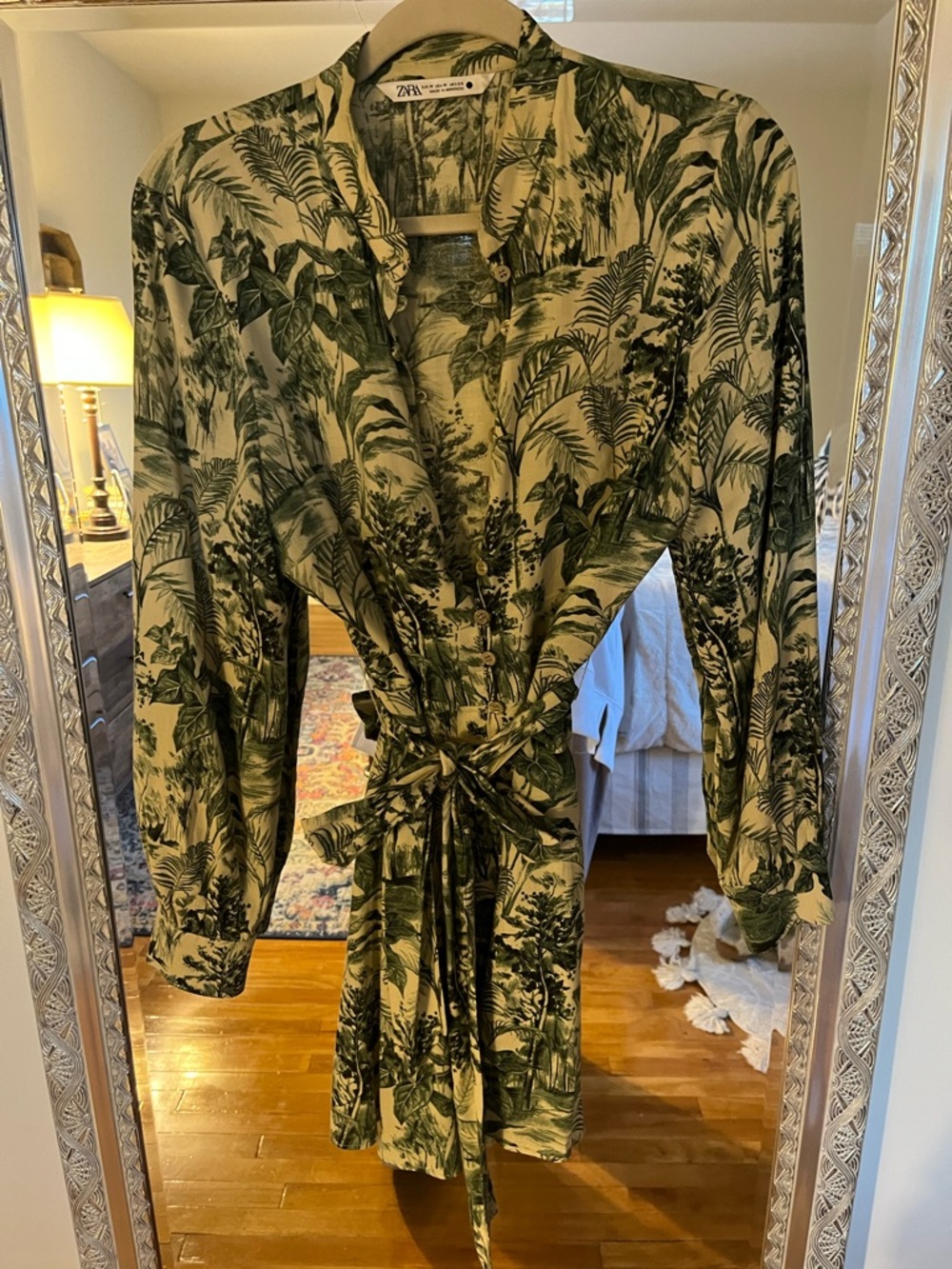 Zara Cream Dress with Dark Green Botanical Print